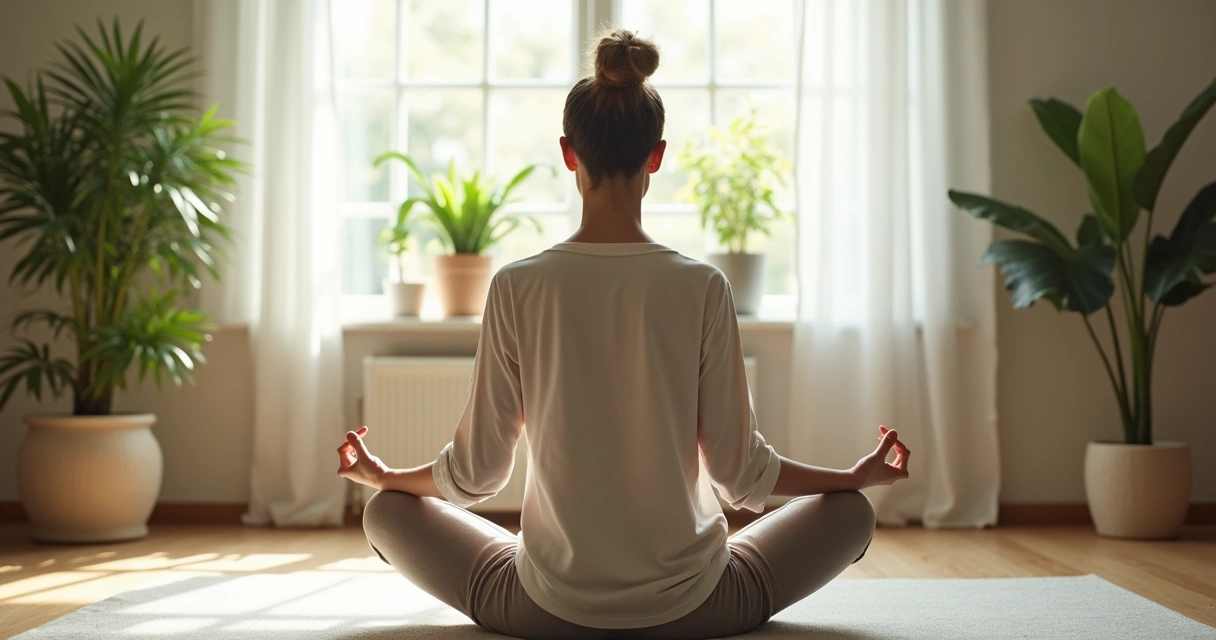 Pessoa sentada meditando em tapete, sala iluminada, plantas ao fundo