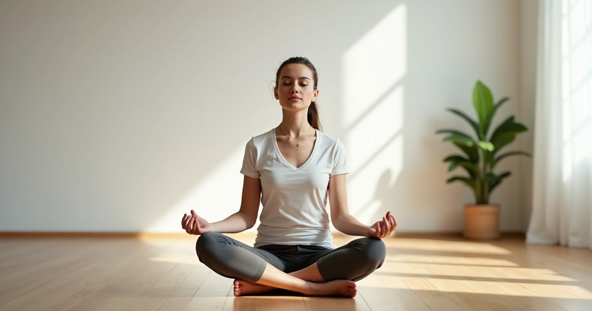 Pessoa sentada em posição de meditação, olhos fechados, em sala iluminada 