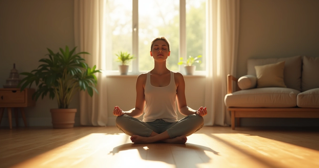 Pessoa sentada meditando sozinha em ambiente sereno 