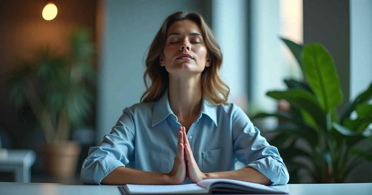 Pessoa com olhos fechados fazendo respiração consciente