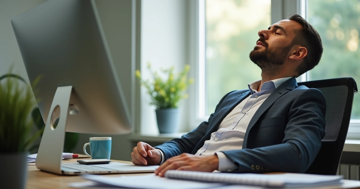 Pessoa respirando calmamente em ambiente de trabalho