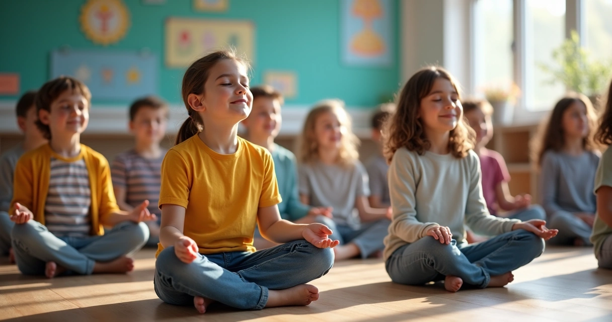 Niños y adultos practicando meditación guiada en un ambiente escolar 