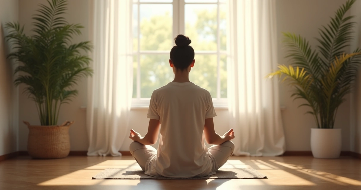 Persona practicando meditación en un espacio iluminado con luz natural 
