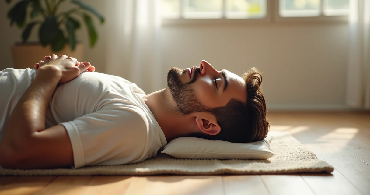 Pessoa deitada em tapete, olhos fechados, mãos sobre o peito, ambiente suave com luz natural 
