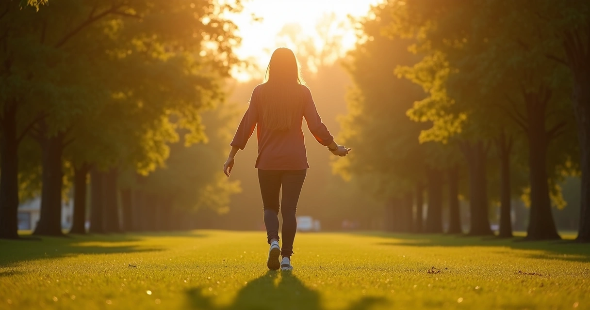 Persona haciendo mindfulness mientras camina por un parque al atardecer, rodeada de árboles y luz cálida.