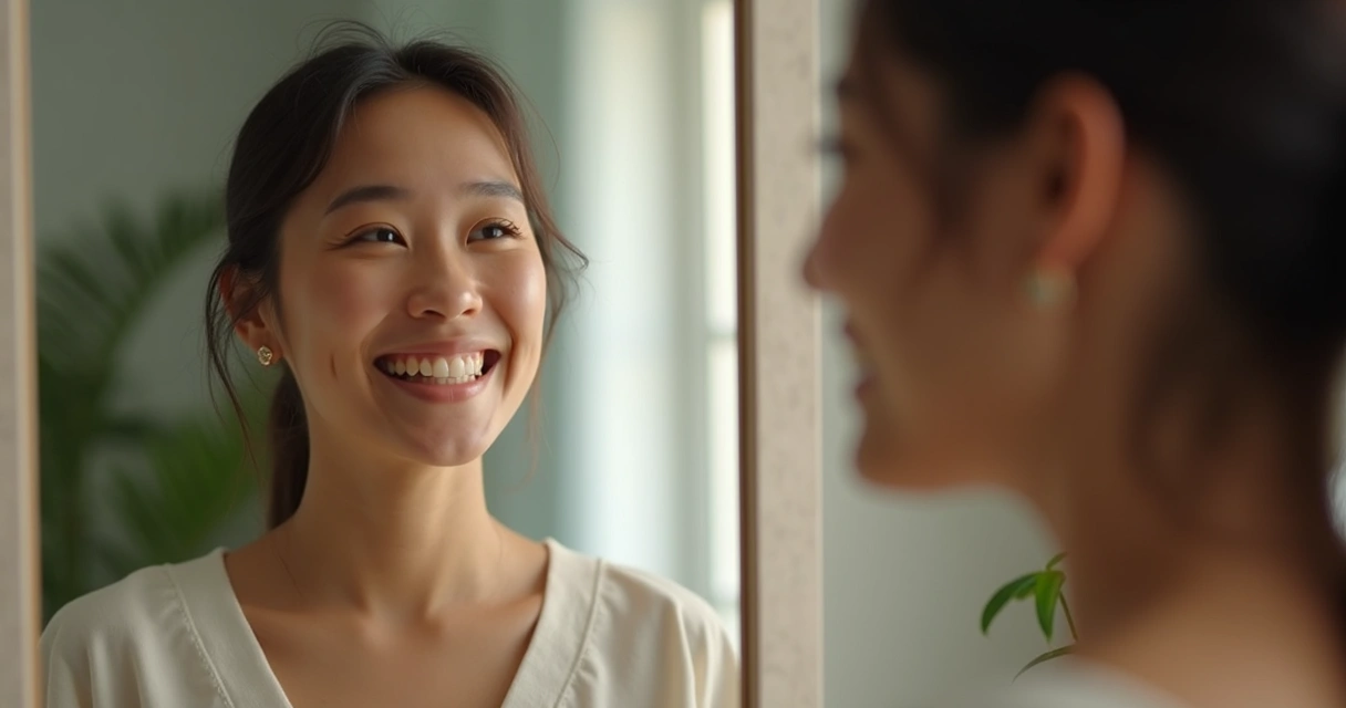 Pessoa sorrindo ao olhar o próprio reflexo no espelho 