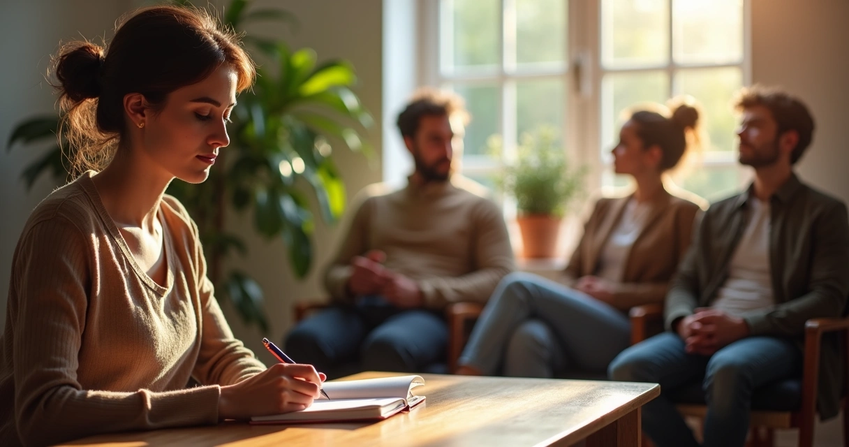 Pessoa escrevendo em caderno durante silêncio coletivo em sala com outras pessoas.