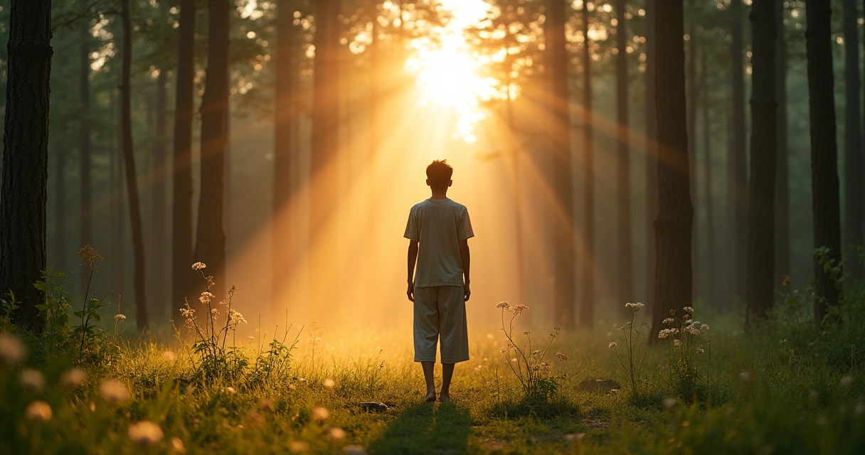 Pessoa parada em meio à natureza respirando profundamente