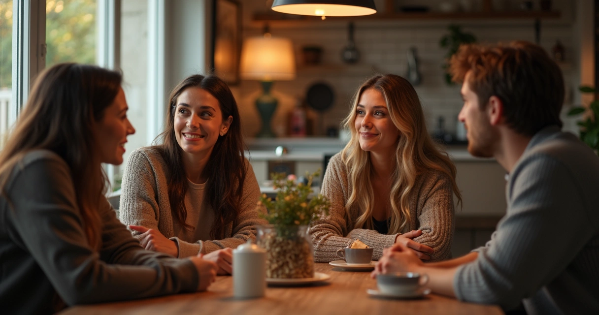 Grupo de amigos conversando y compartiendo en una mesa, todos atentos 