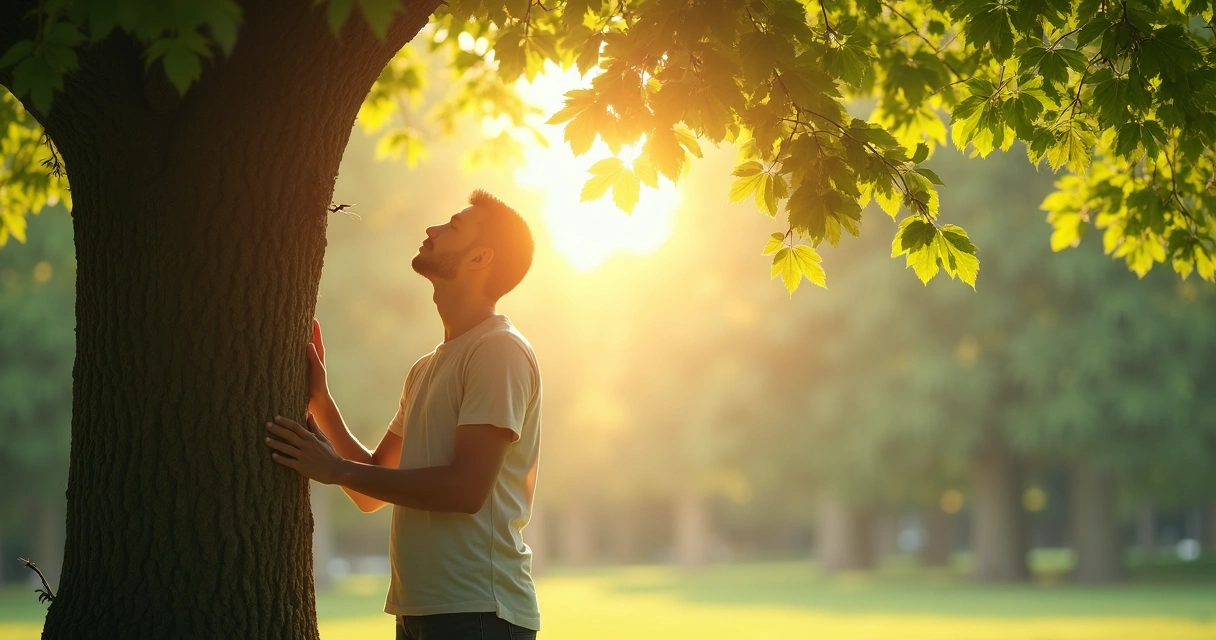 Pessoa tocando uma árvore e olhando o céu, praticando presença consciente ao ar livre 