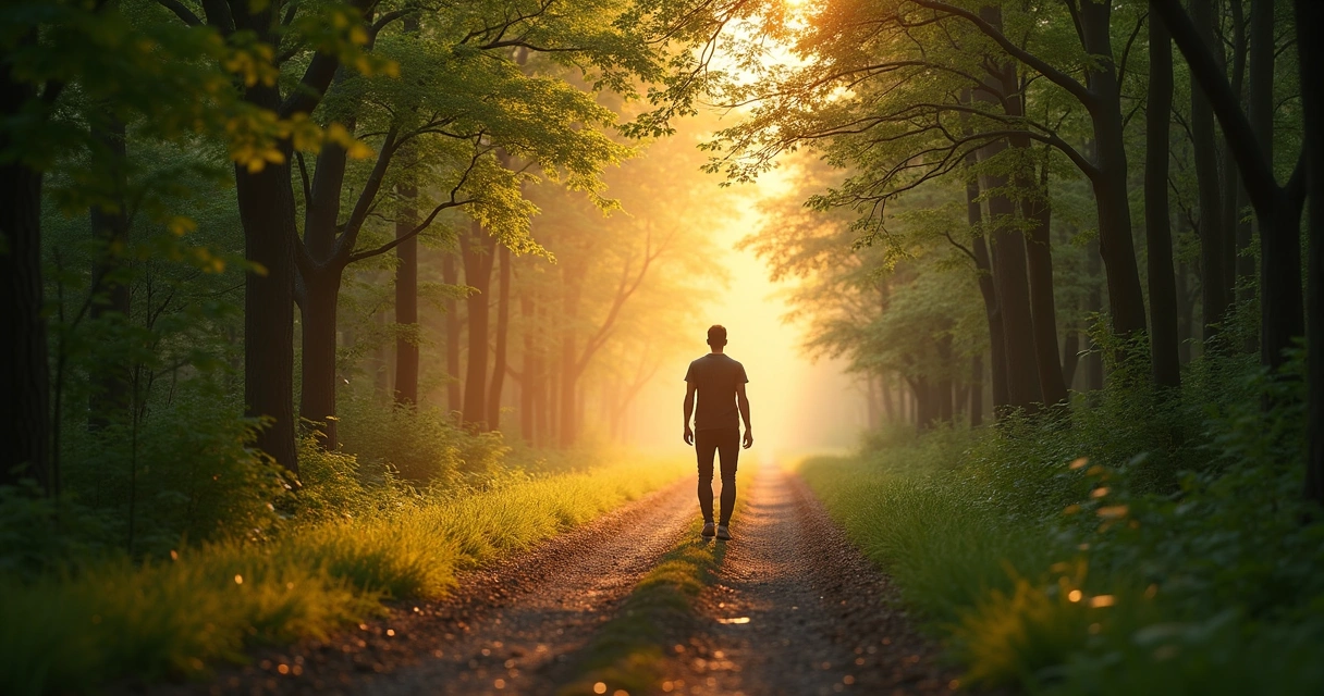 Pessoa caminhando atenta ao momento presente em uma trilha 