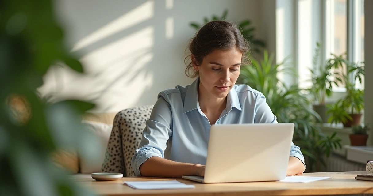 Pessoa trabalhando focada, com elementos naturais ao redor