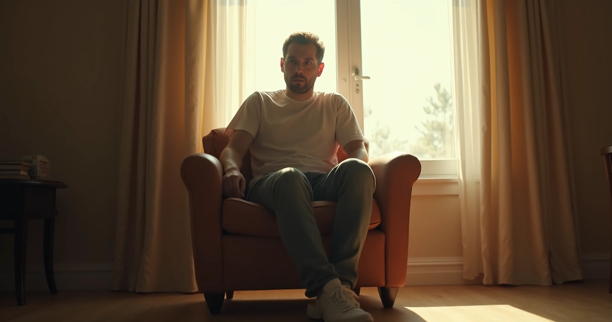 Pessoa sentada sozinha em poltrona na sala iluminada, olhando pensativa para uma janela, com luz suave refletindo no rosto.