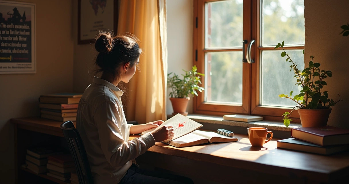 Pessoa lendo em ambiente reflexivo com livros de filosofia