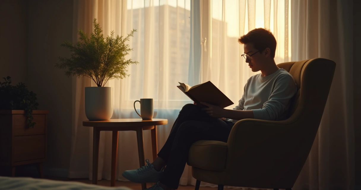 Pessoa sentada em uma poltrona lendo e refletindo
