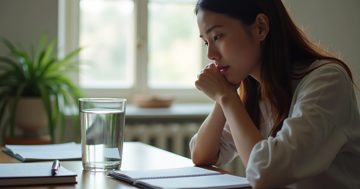 Pessoa olhando para um copo de água na mesa, imersa em reflexão 