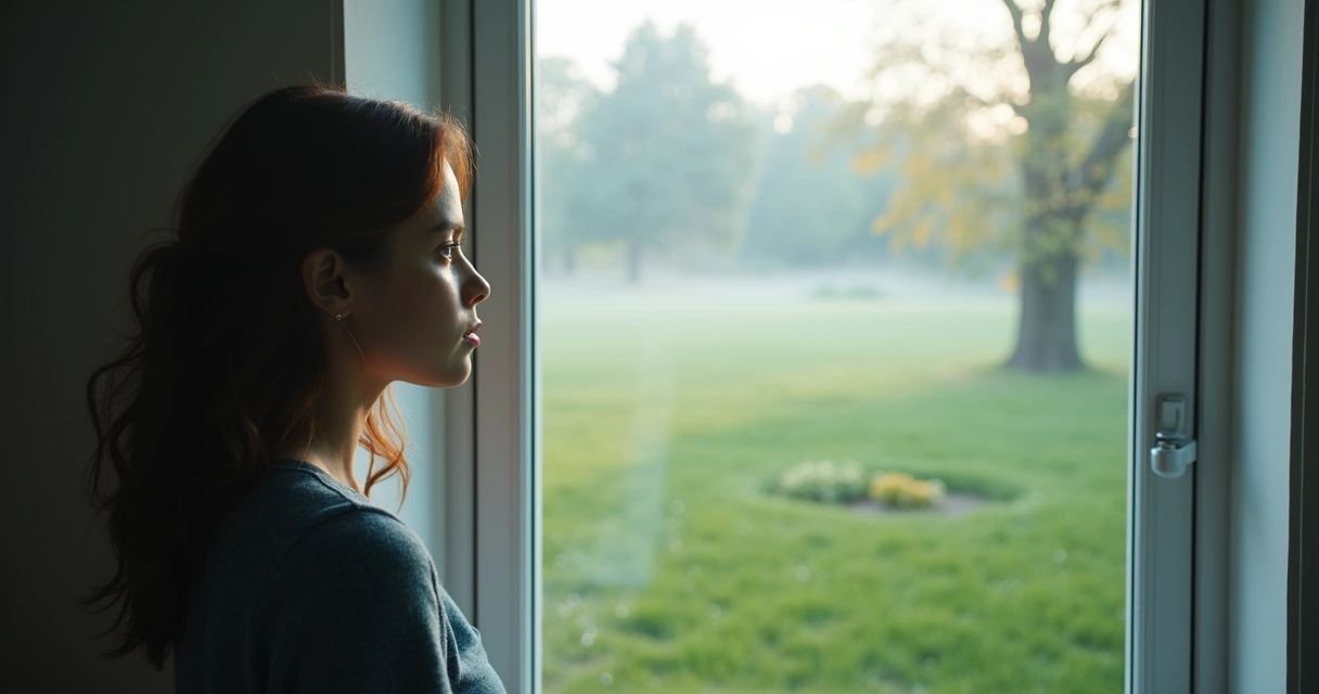 Pessoa olhando pela janela pensativa, apreciando a vista tranquila 