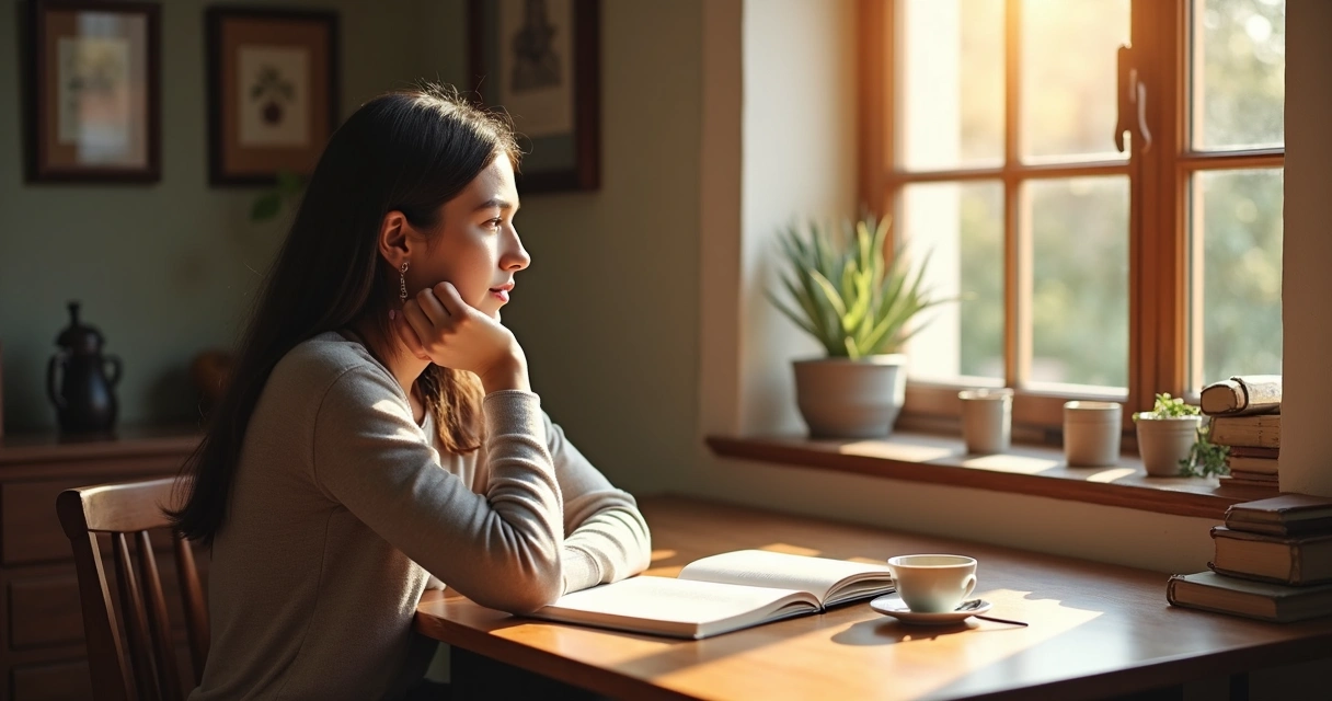Pessoa sentada à mesa, olhando pela janela com caderno aberto, contemplando uma decisão