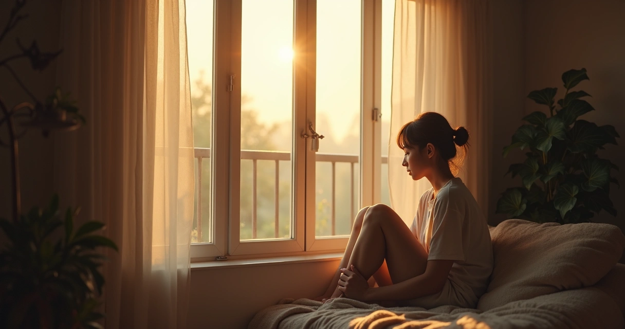 Pessoa sentada sozinha perto da janela em ambiente doméstico, refletindo tranquila