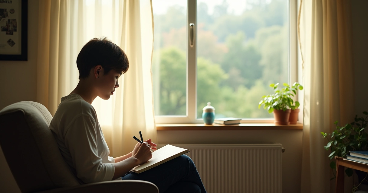 Pessoa refletindo sozinha em um ambiente calmo 