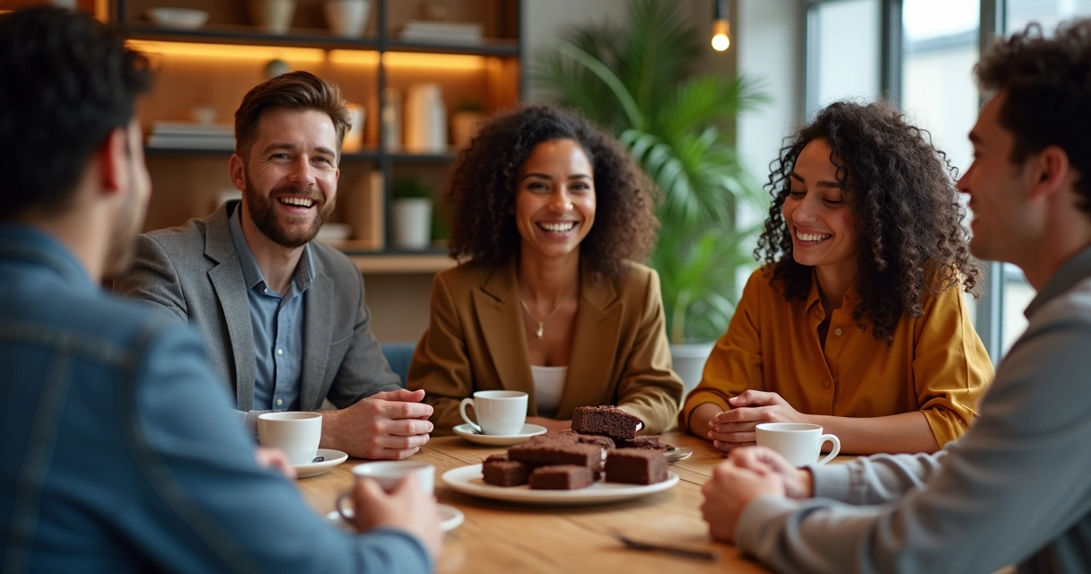 Colaboradores reunidos em ambiente corporativo moderno, compartilhando brownies e sorrindo enquanto interagem em volta de uma mesa com decoração aconchegante 