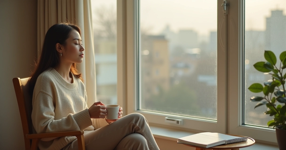 Pessoa sentada com café perto da janela em momento de silêncio