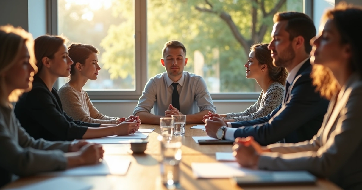Colaboradores em silêncio em sala de reunião 