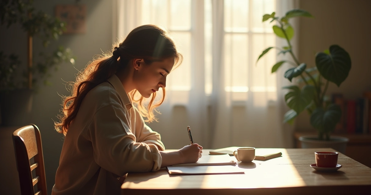 Pessoa escrevendo silenciosamente com papel e caneta