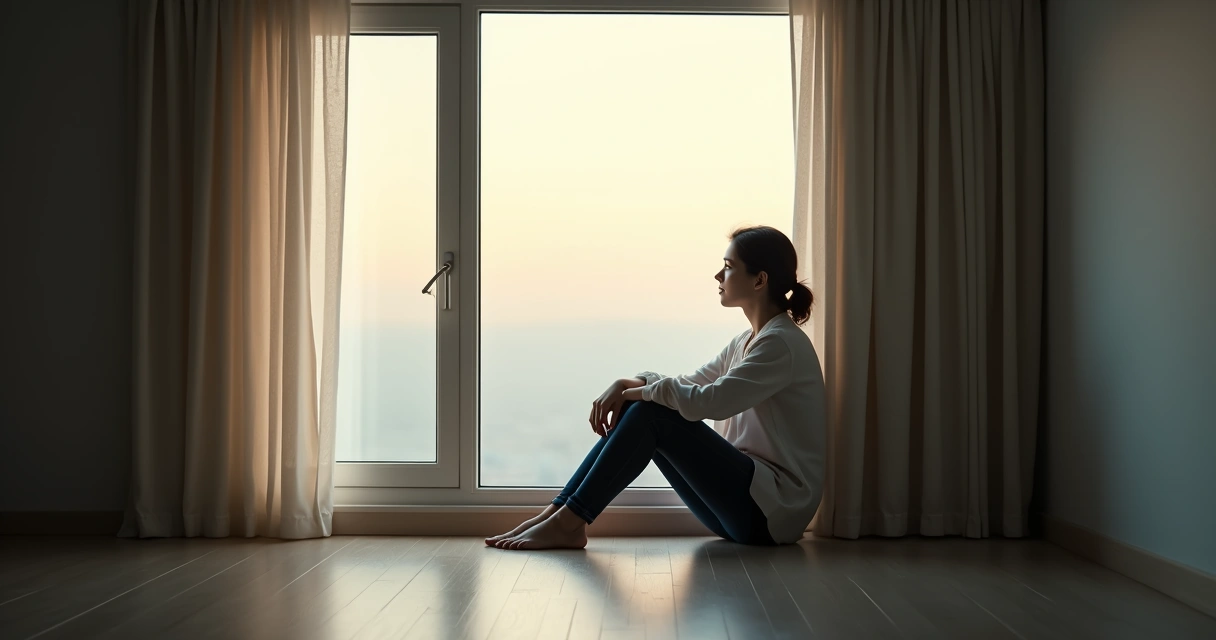 Pessoa sentada sozinha olhando pela janela, em momento de reflexão 