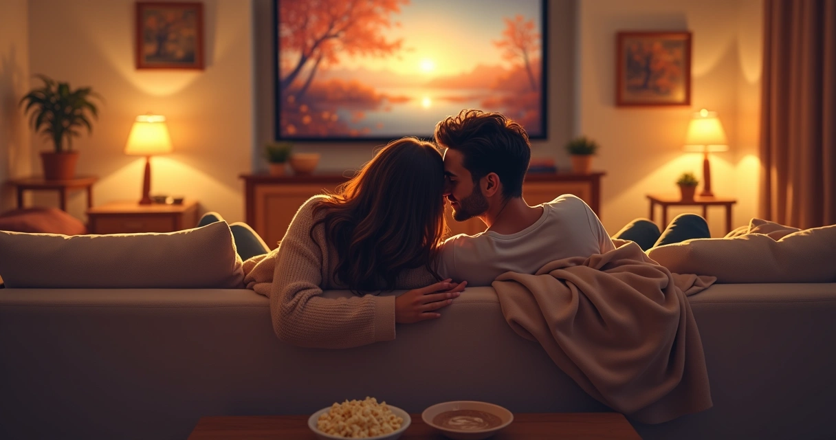 Casal sentado no sofá em um ambiente aconchegante, segurando as mãos e assistindo a um filme.