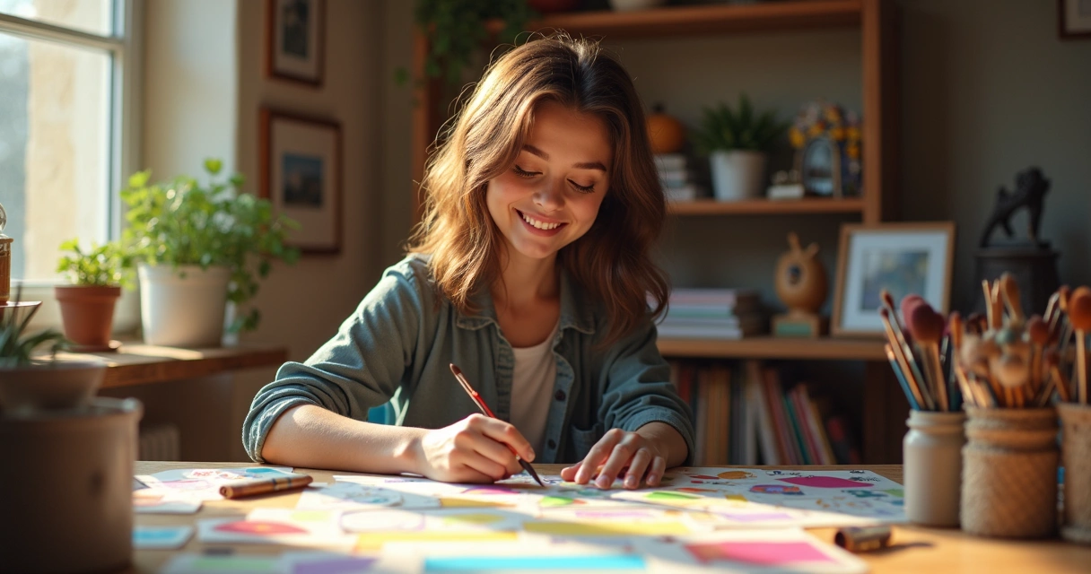 Pessoa sorrindo enquanto trabalha em projeto criativo
