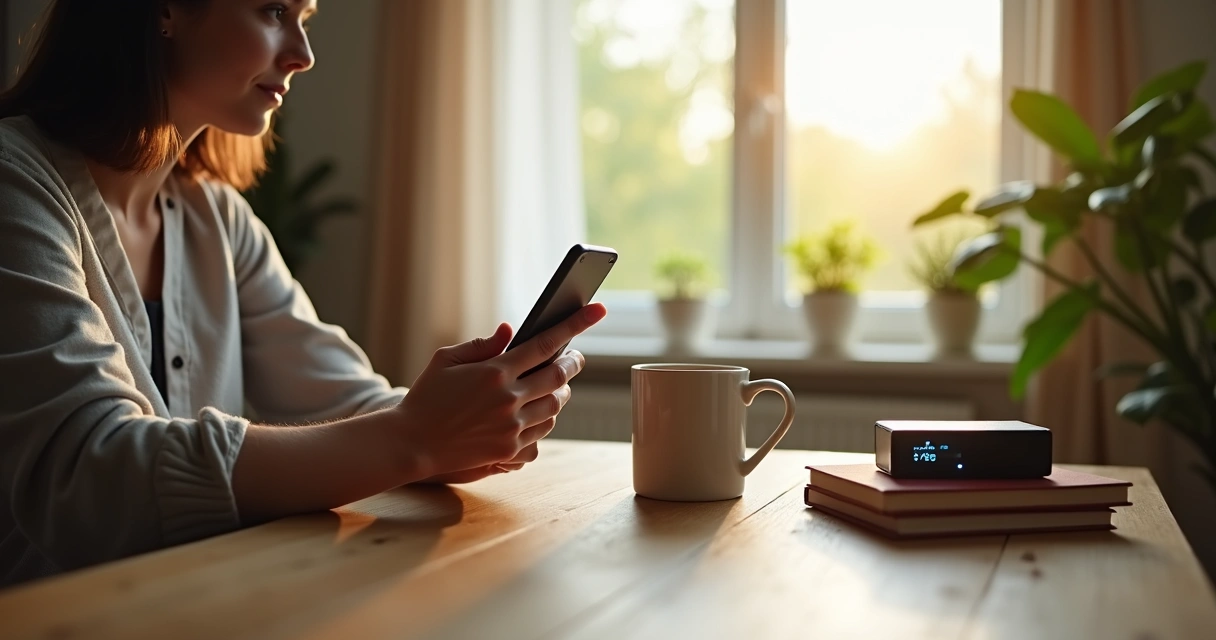 Pessoa sentado em uma sala tranquila, segurando um celular desligado em cima da mesa. Luz natural entra pela janela, livros empilhados ao lado. 
