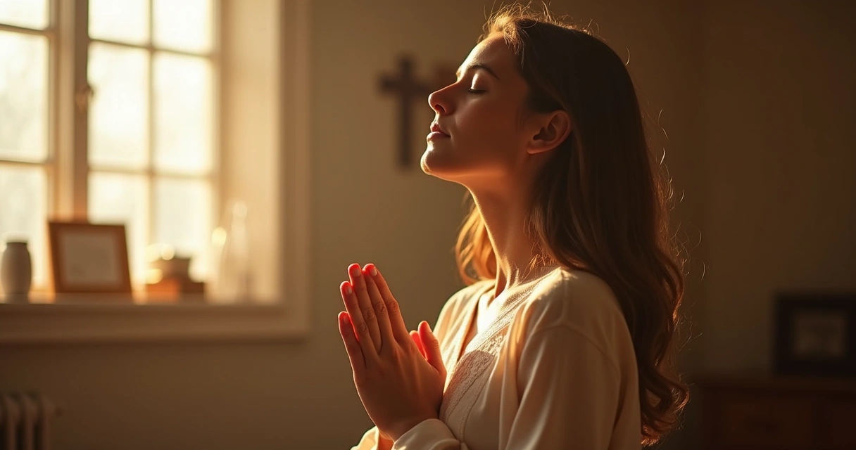 Mulher em oração de olhos fechados, ambiente sereno e luz suave 