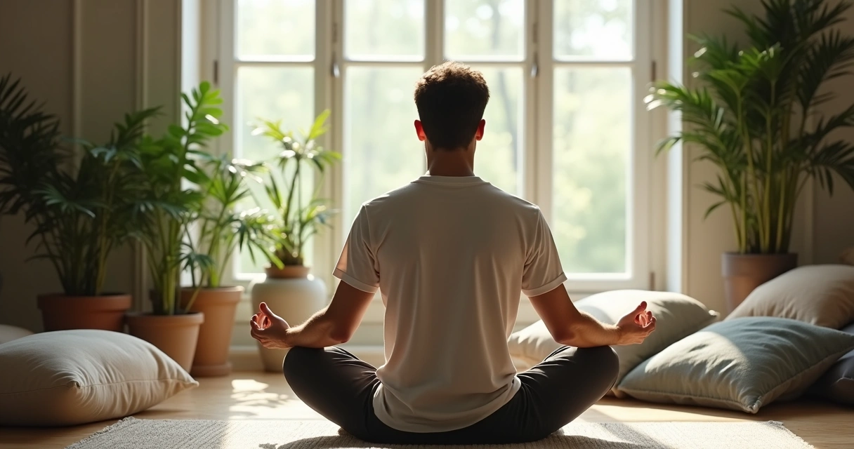 Homem sentado meditando em ambiente caseiro, luz suave, plantas ao redor 