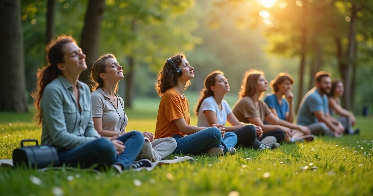 Grupo de personas disfrutando música en un entorno natural tranquilo 