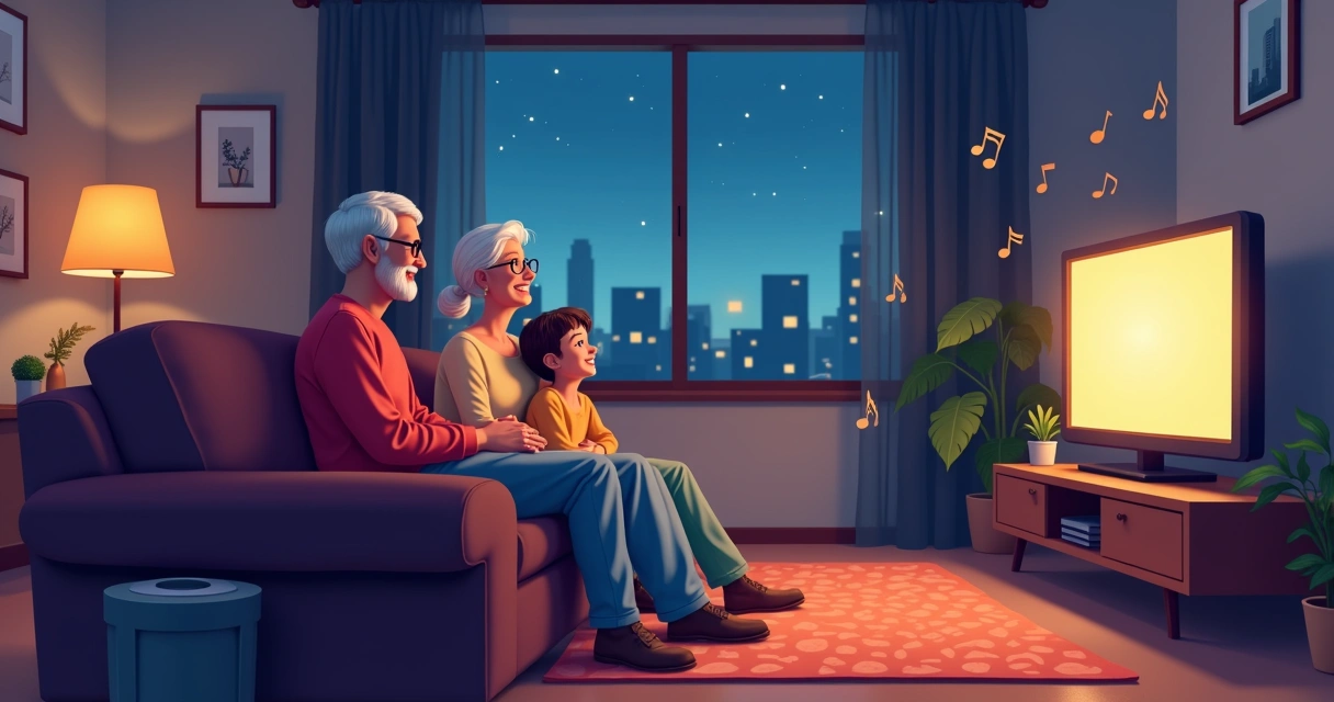Família reunida no sofá assistindo desenho clássico com trilha sonora marcante 