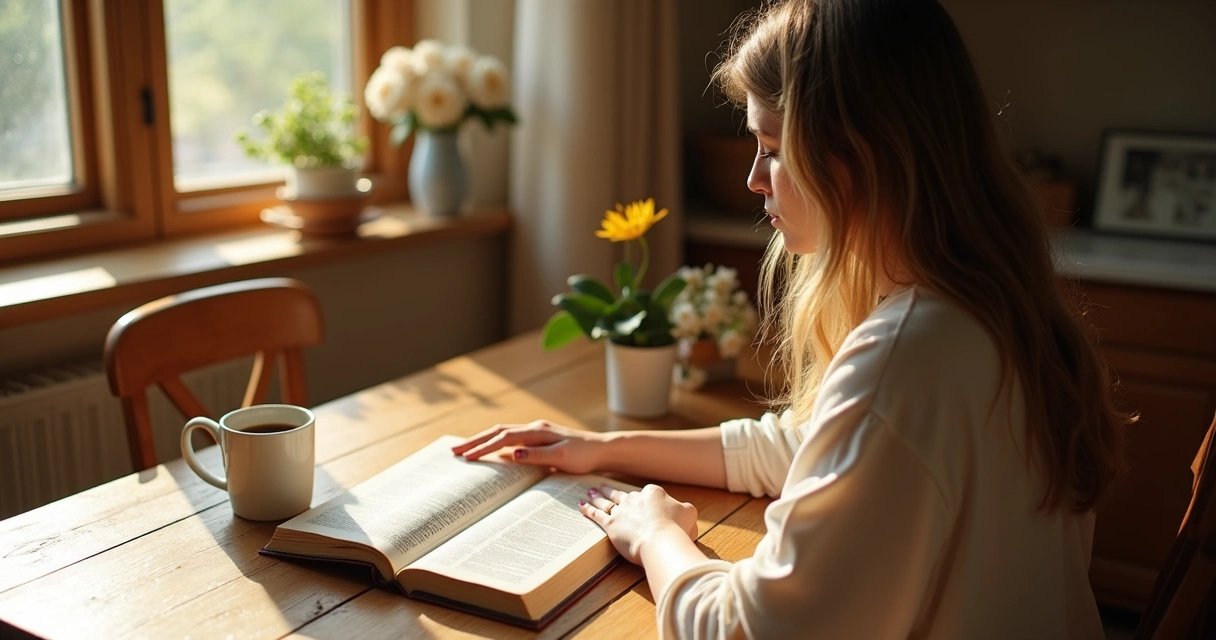 Pessoa orando com a Bíblia aberta ao lado de uma xícara, ambiente simples e acolhedor 