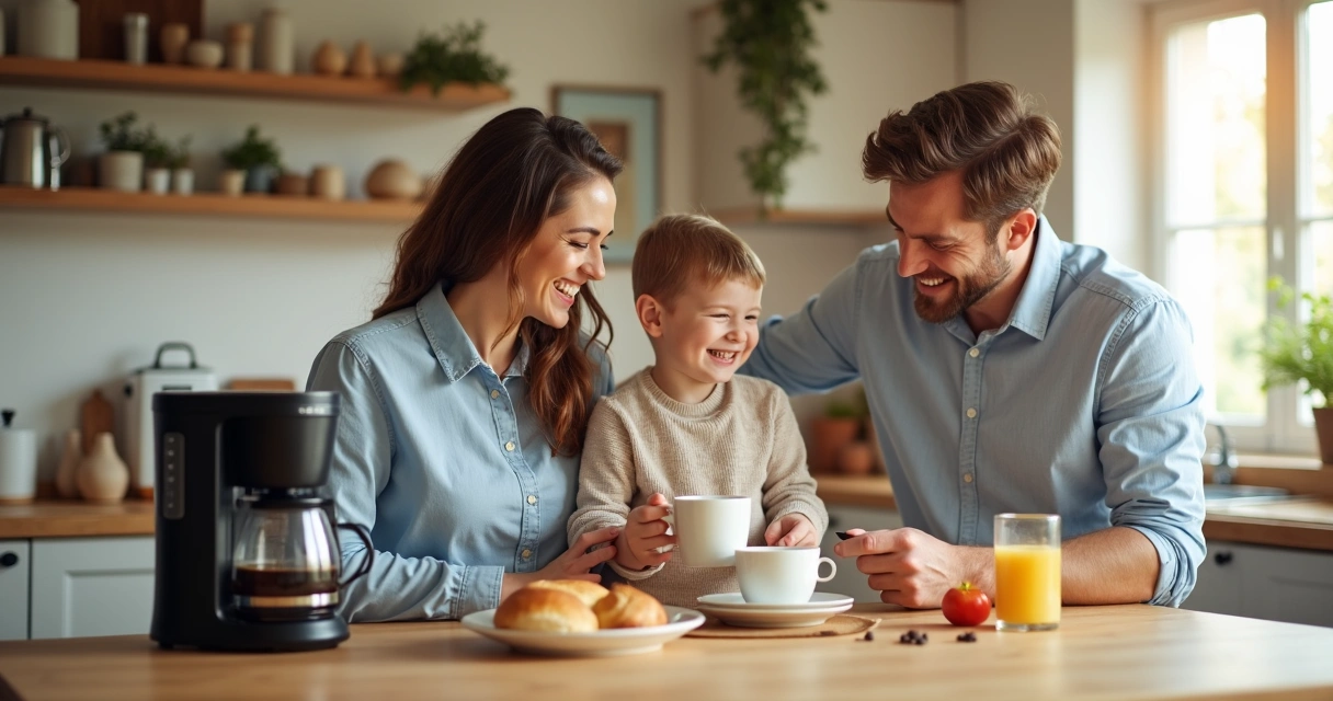 Pessoas em casa usando cafeteira elétrica na cozinha 