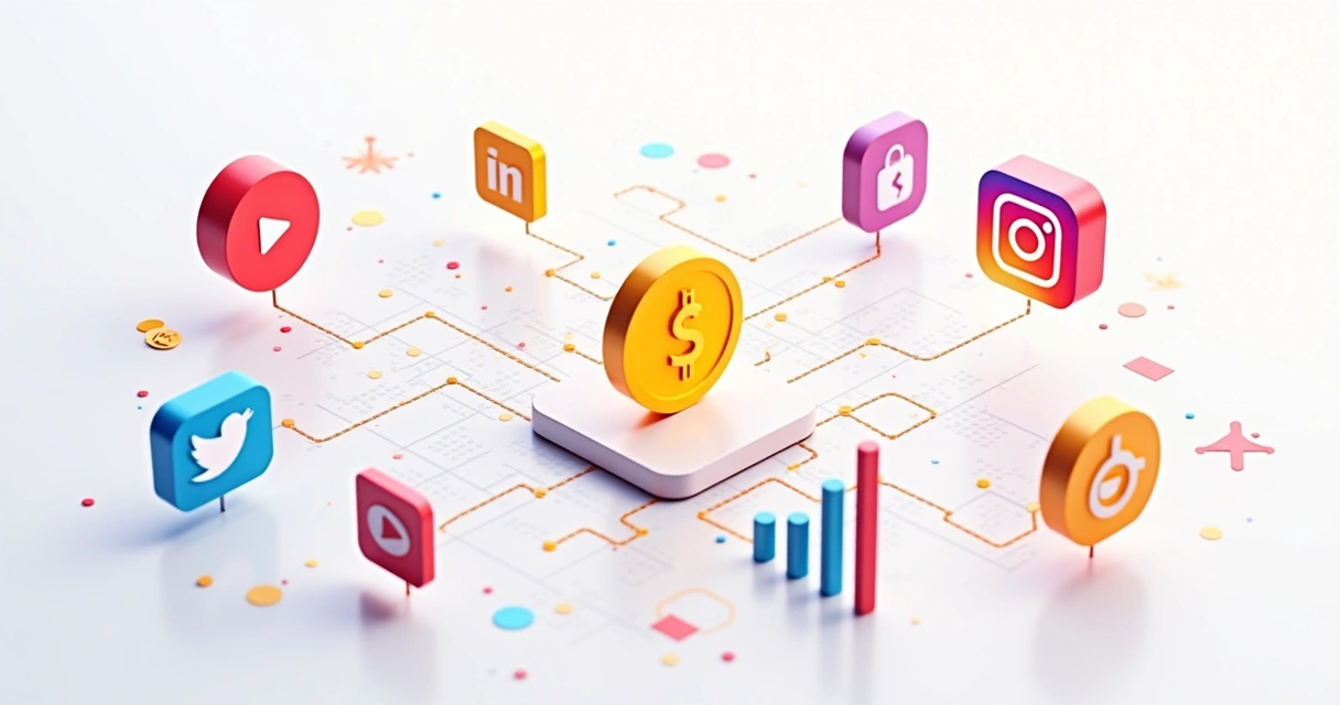 Social media icons connected to growth graphs and money symbol. 