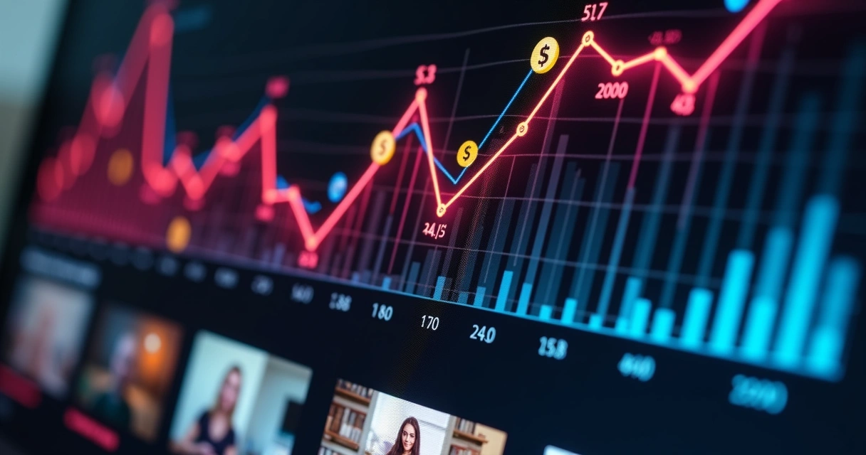 Ícones de monetização, gráfico de crescimento e vídeos curtos em destaque 