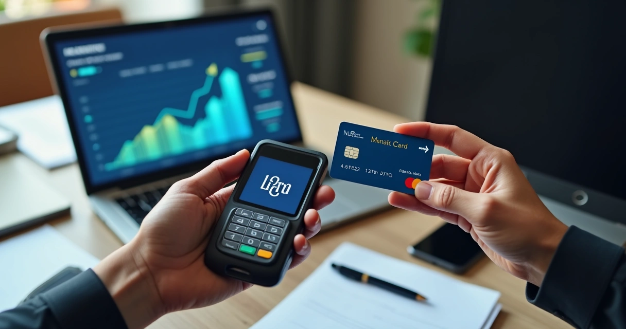 Terminal de pagamento personalizado e cartão digital em mão empresarial