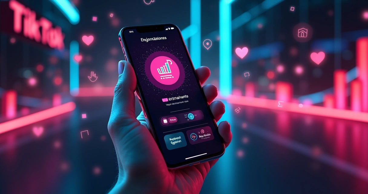 Smartphone exibindo a interface do TikTok com ícones de monetização, gráficos de crescimento e elementos digitais ao redor 