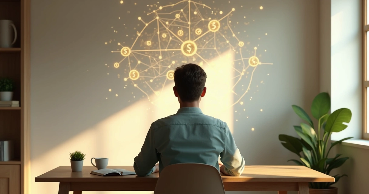 Person reflecting on money symbols and hidden patterns on a wall 