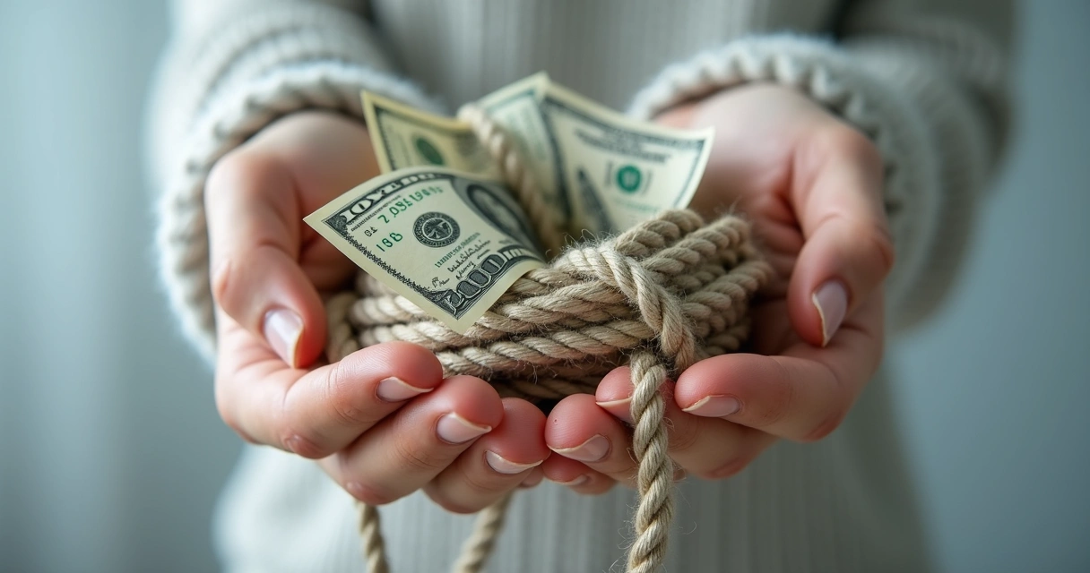 Hands holding tangled ropes and dollar bills, illustrating emotional ties to money