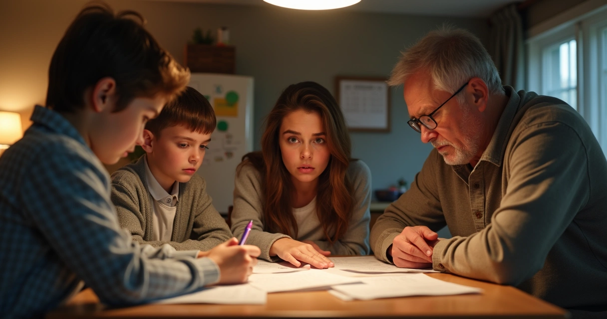 Family discussing bills at kitchen table