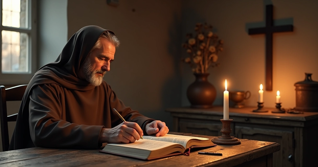 Monge lendo Bíblia próximo a velas em mesa rústica 