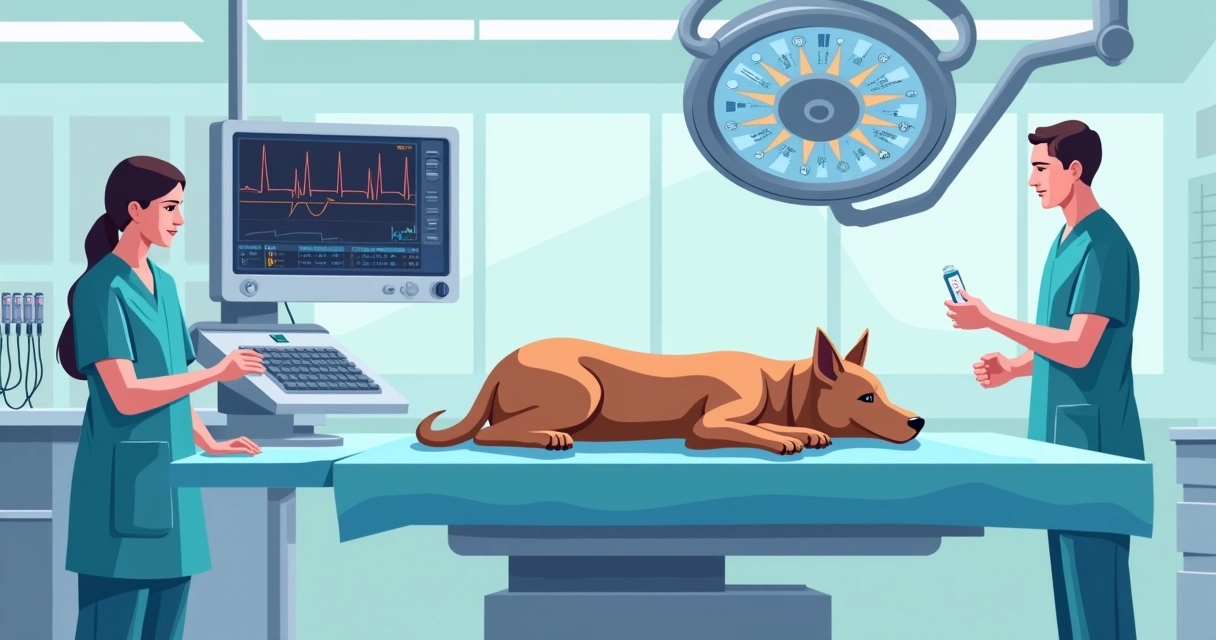 Monitor multiparâmetro em operação em ambiente cirúrgico veterinário 
