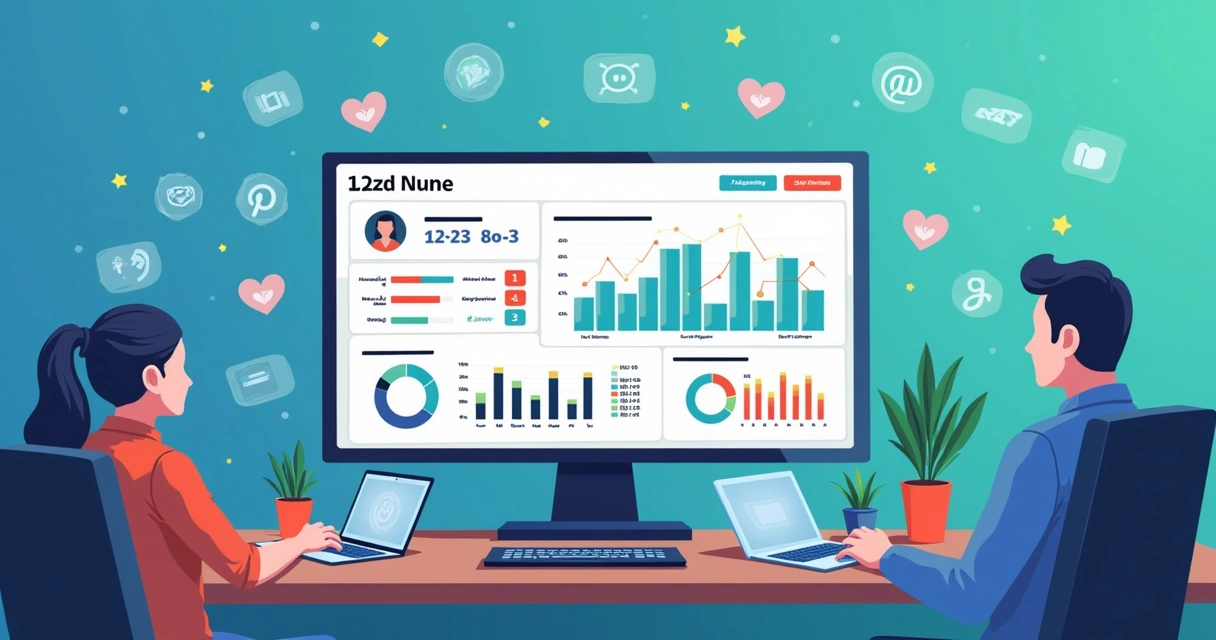 Monitor mostra painel de campanha de redes sociais com gráficos e números em destaque. 
