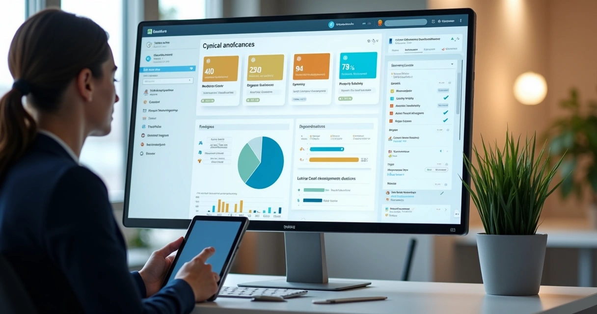 Monitor mostrando painel de contratos centralizados 