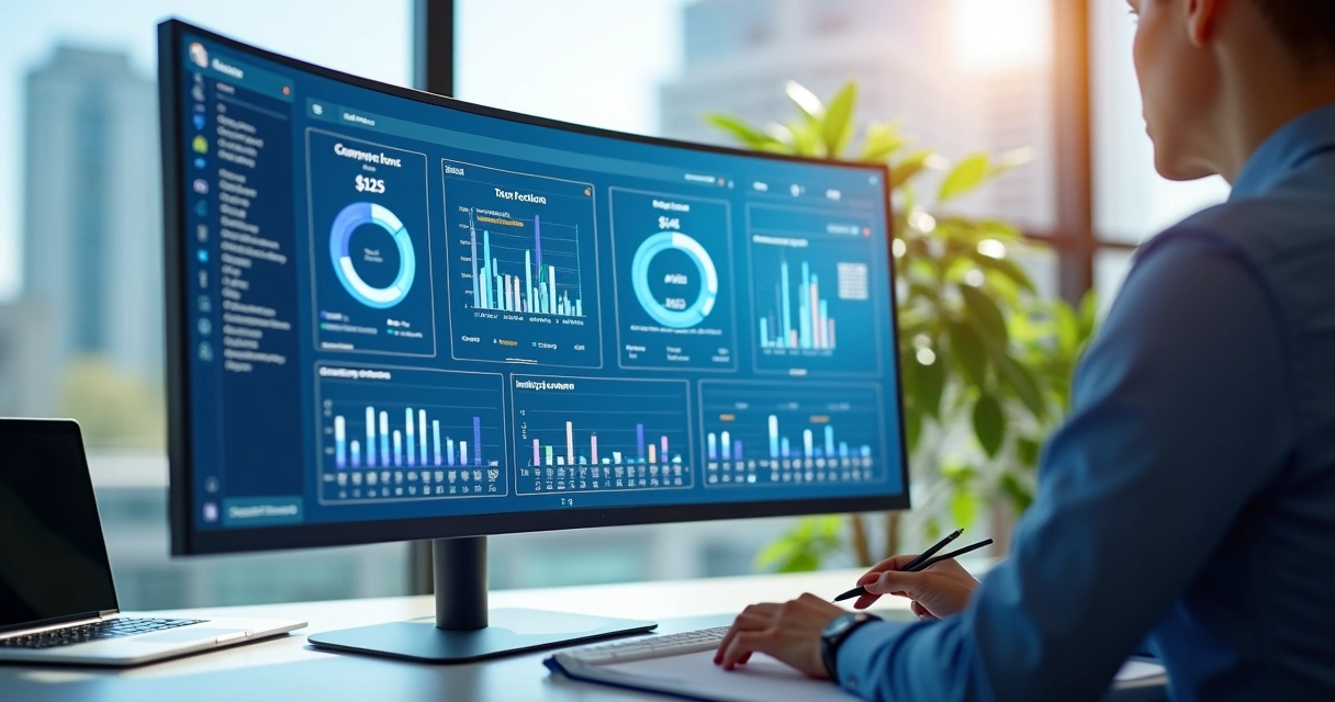 Monitor com telas de relatórios de controle financeiro 